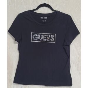 Women's GUESS Logo Rhinestone Embellished T-shirt Black (Missing One Rhinestone)